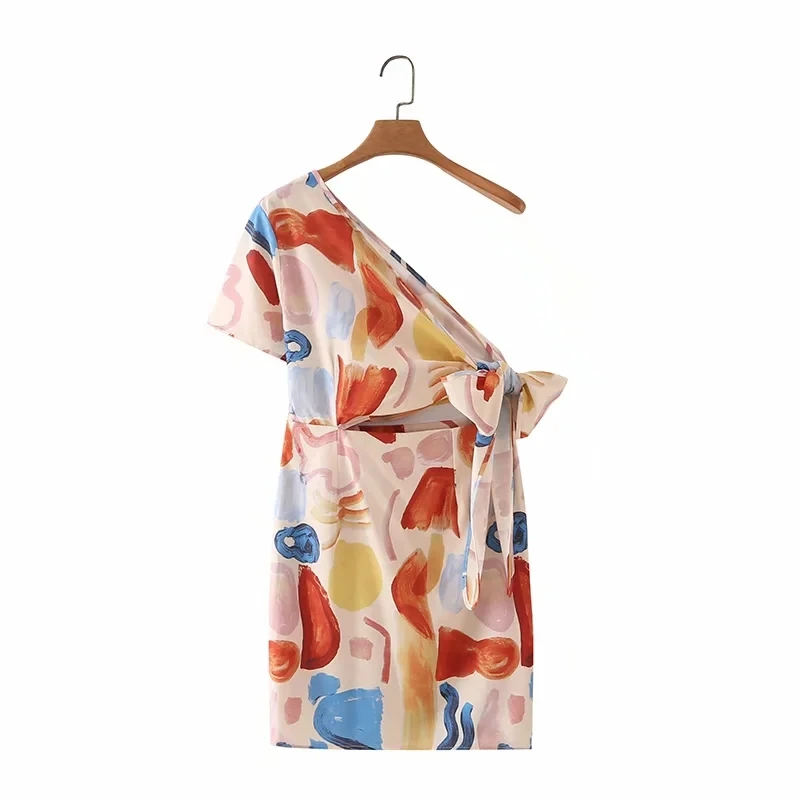 

Summer Women Graffiti Printing One Shoulder Lace Up Bow Mini Dress Female Short Sleeve Clothes Leisure Lady Slim Vestido D8001