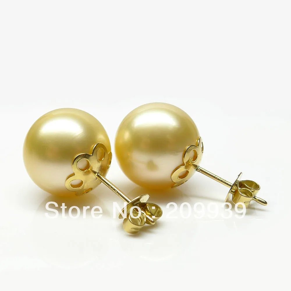 

BEAUTIFUL!GOLD!ROUND 11.85MM GENUINE SOUTH SEA PEARL 18K GOLD EARRING!STUD