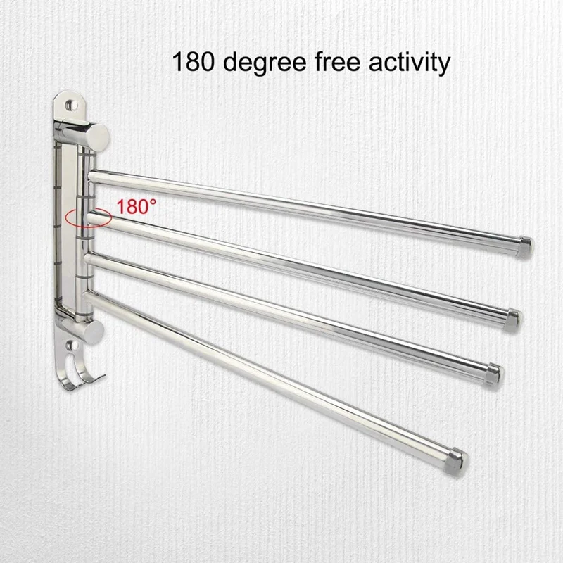 

HOT-Swivel Towel Rack Bar 304 Stainless Steel 4-Arm Bathroom Swing Hanger Towel Holder Storage Organizer Space Saving Wall