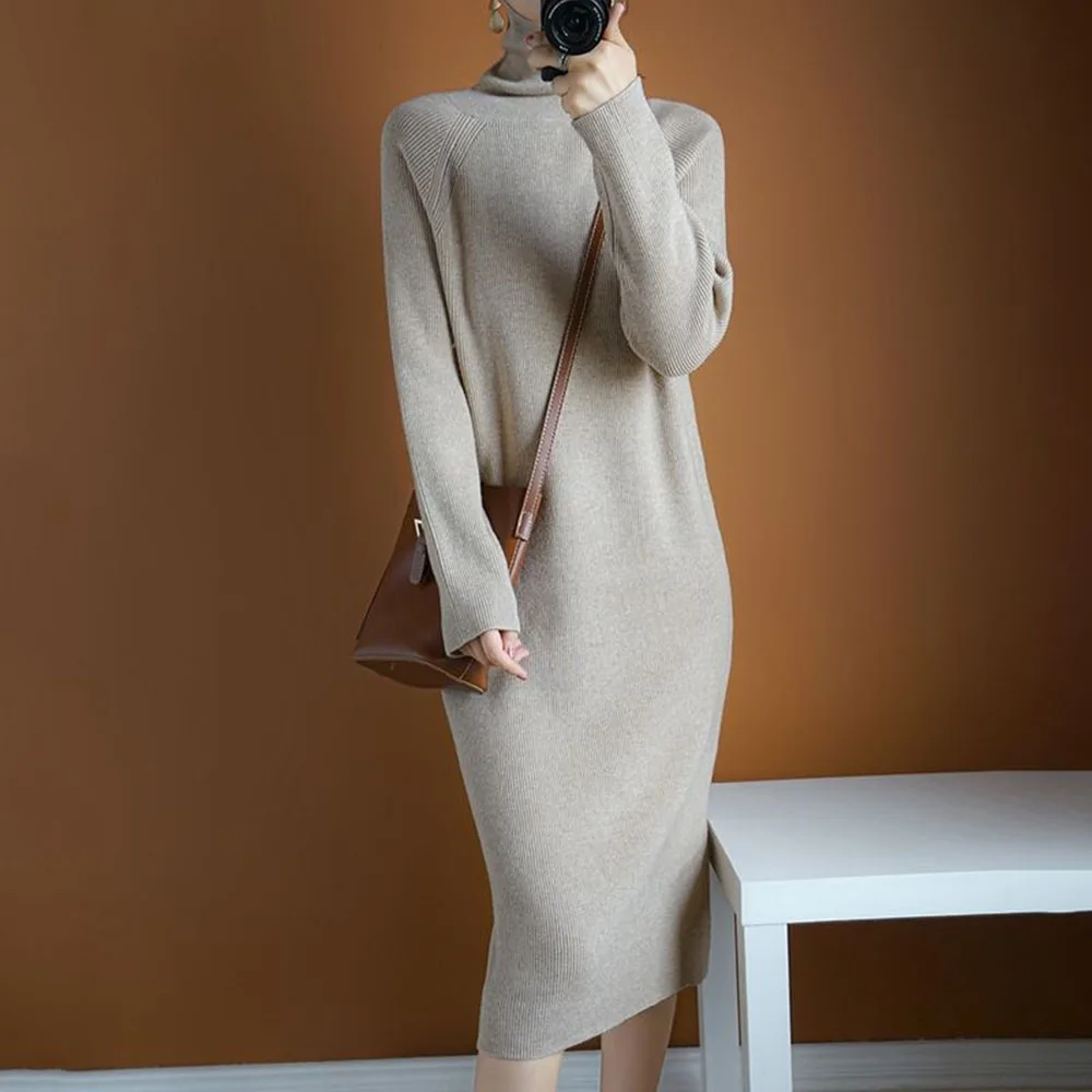

Japan Minimalism Solid Women Knits Dress Casual Elegant Long Sleeve Pullover Loose Patchwork High Collar Lady A-line Dress