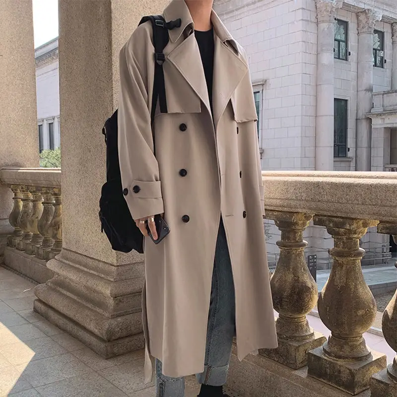 

Windbreaker Jacket Mens Overcoat Korean Style Oversize Long Coat Men's Fashion Solid Color Casual Trench Men Streetwear Loose
