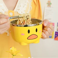 kawaii duck ramen noodles bowl with lid cute stainless steel kitchen fruit instant salad rice soup double layer bowl tableware