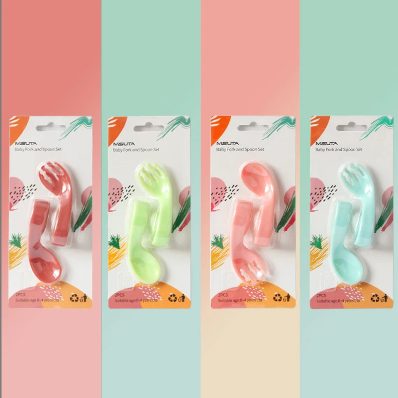 

2Pcs/Set Baby Twist Fork Spoon Suit Infant Training Spoon Curved Portable Tableware Sets Patchwork Solid Color Antislip Utensils