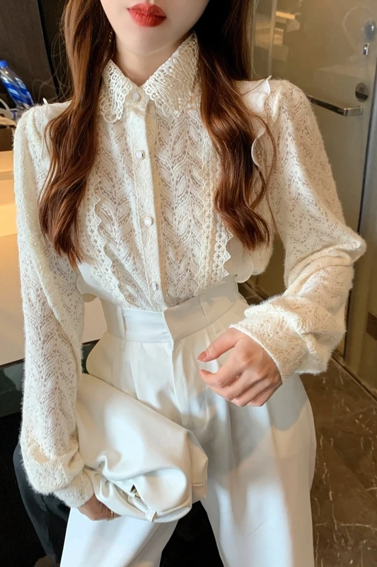 

Blusas Feminine Vintage Solid Spring 2021 New stitching Lace Hollow out Ruffle Shirt Blouse Shirt Elegant Ladies Tops 971F