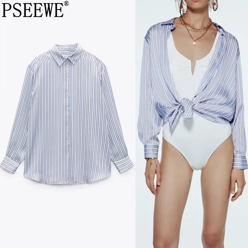 

Женская рубашка в полоску PSEEWE Za, Голубая атласная блузка с воротником на пуговицах, модная Свободная Повседневная летняя рубашка с длинным ...