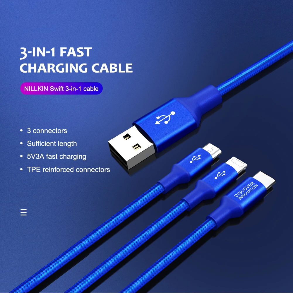 Универсальный нейлоновый usb-кабель Nillkin 3 в 1 кабель Micro Type C для быстрой зарядки iPhone