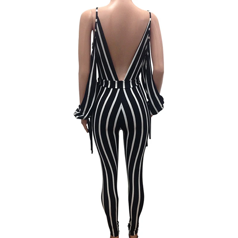 

2020 Sexy Spaghetti Strap Jumpsuits For Women V-neck Off Shoulder Slim Jumpsuits Bodycon Bodysuit For Female Striped Overalls