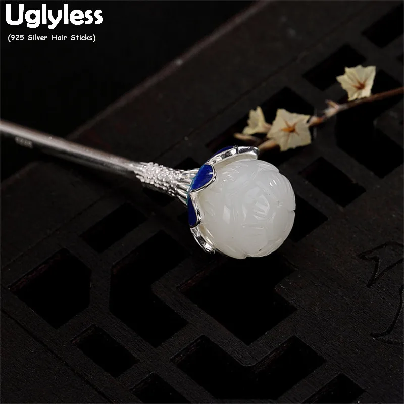 

Uglyless Natural Jade Lotus Hair Sticks for Women Real 925 Silver Hair Forks Enamel Lotus Flower Hair Decorations Jewelry Gems