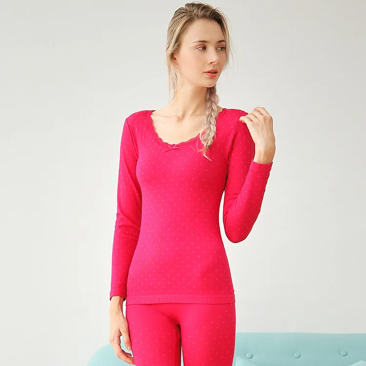 ROSE RED Perfering, комплекты термобелья, кальсоны, в форме тела, сохраняющие тепло, с длинным рукавом, хлопок, для женщин, в горошек, удобные, для женщин, высокое качество - Цвет: ROSE RED