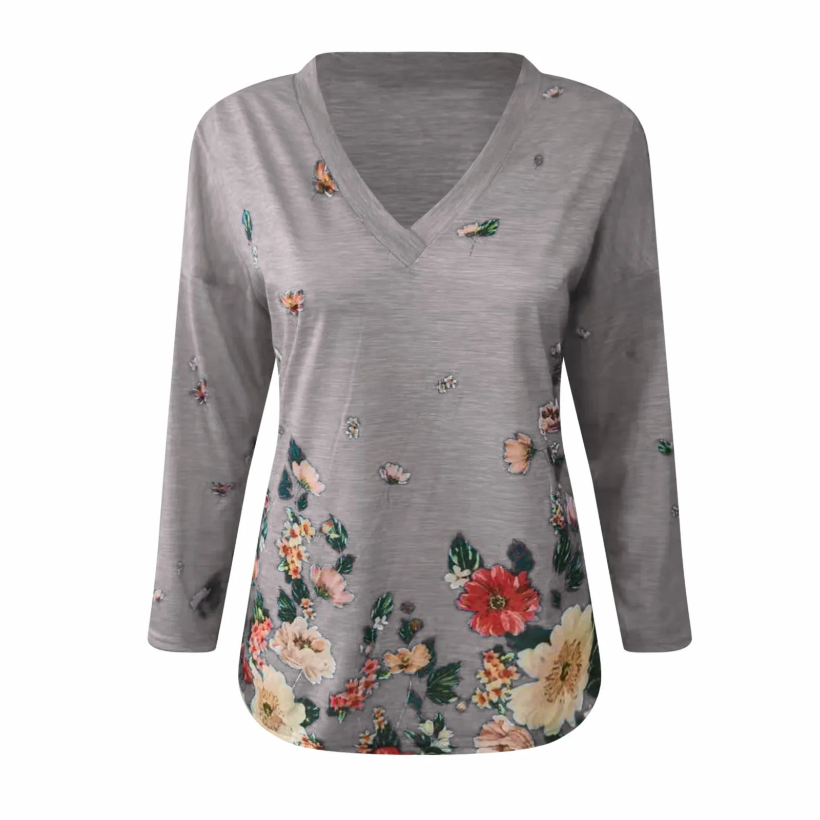 

2021 New Women's Clothing Autumn And Winter New Fashion Women's V-neck Flower Print Long-sleeved Casual Loose T-shirt Plus Size