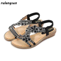 casual fashion flat female bohemian sandals 2021 new flower rhinestone sandals open toe large size womens shoes 36 42