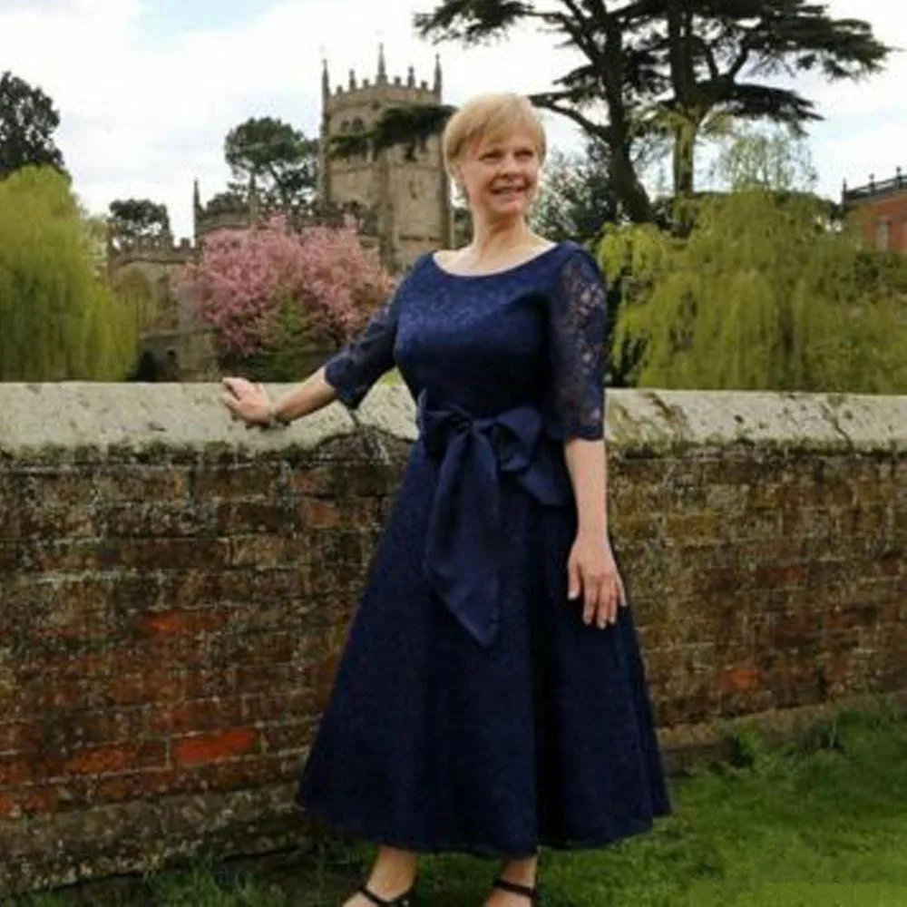 Темно-синие женские платья для матери невесты с коротким рукавом 2019 кружевное