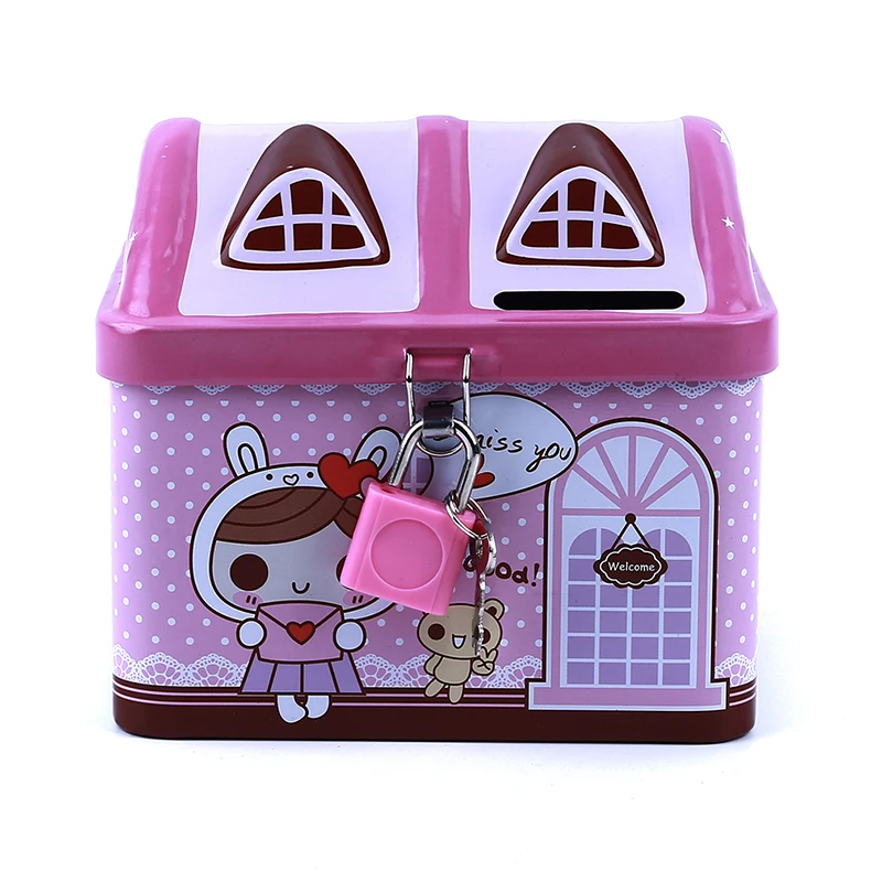 pink New metal house shape piggy bank coin safe storage box child piggy banks key lock money box creative children Christmas gift - Цвет: pink
