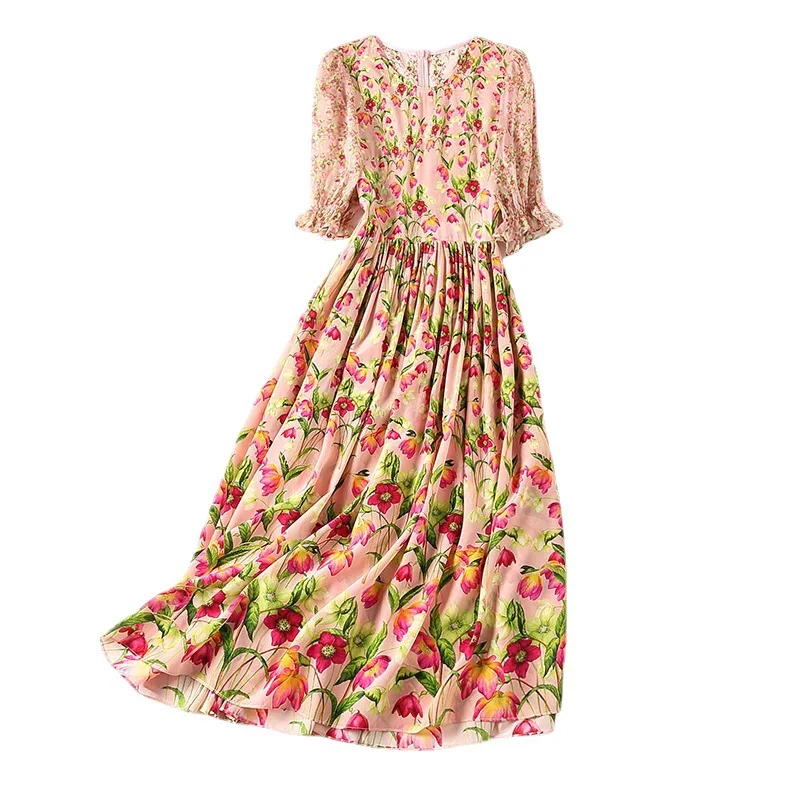 

2021 Printed high waist snow pink silk zipper mid-length skirt temperament commuting mulberry silk crepe de chine dress