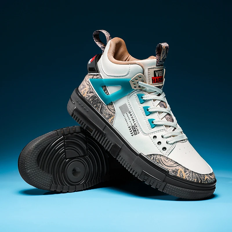 

Men Shoes 2021 Autumn Fashion Leather Sneakers Men Breathable High Top Casual Walking Shoes Light Damping Tennis Running Shoes