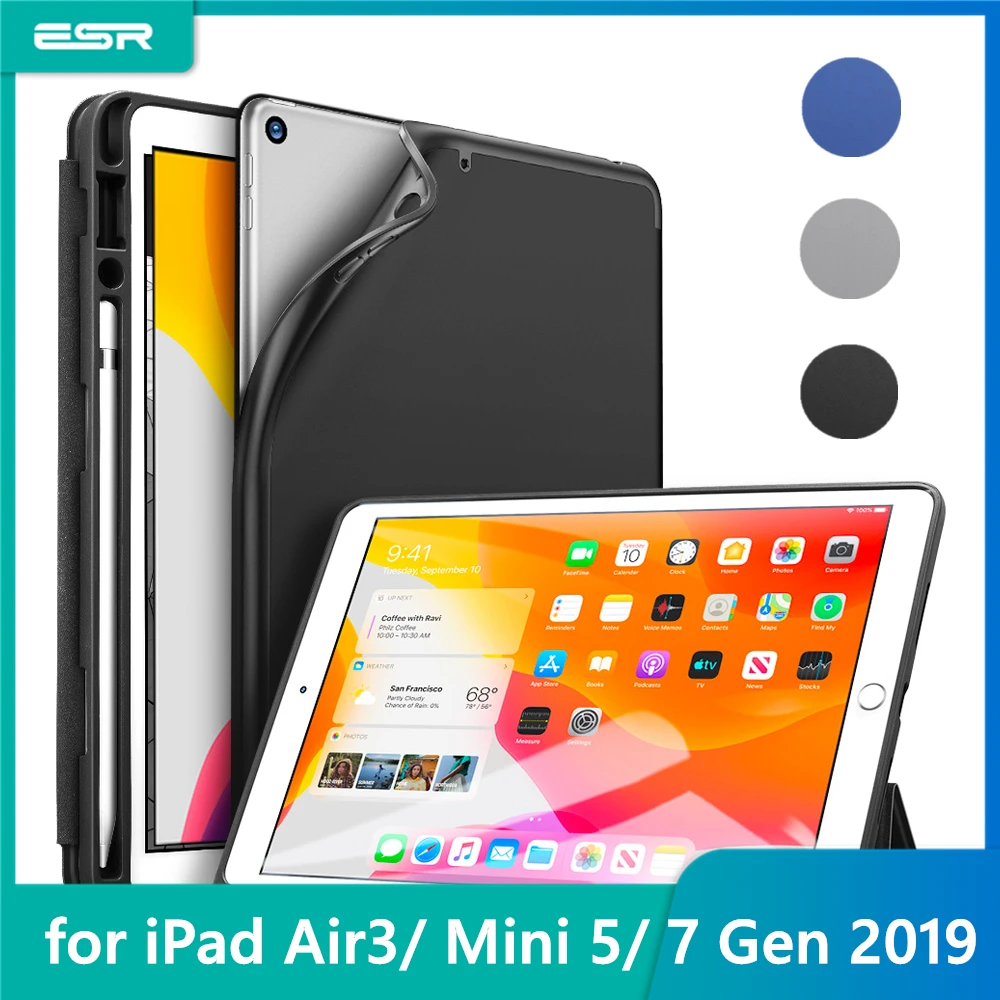 

ESR Case for iPad Air 3 Mini 5 7 2019 Folio Rubber Oil Cover Ultra Slim Smart Pencil Slot Soft TPU Case for iPad 7 7th 10.2 2019