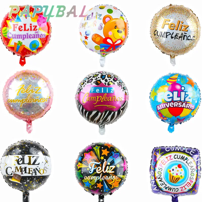 

10pcs 18 inch Round Shape Feliz Cumpleanos Spanish Happy Birthday Party Decor Mylar Foil Helium Balloons Globos Baloes Air Balls