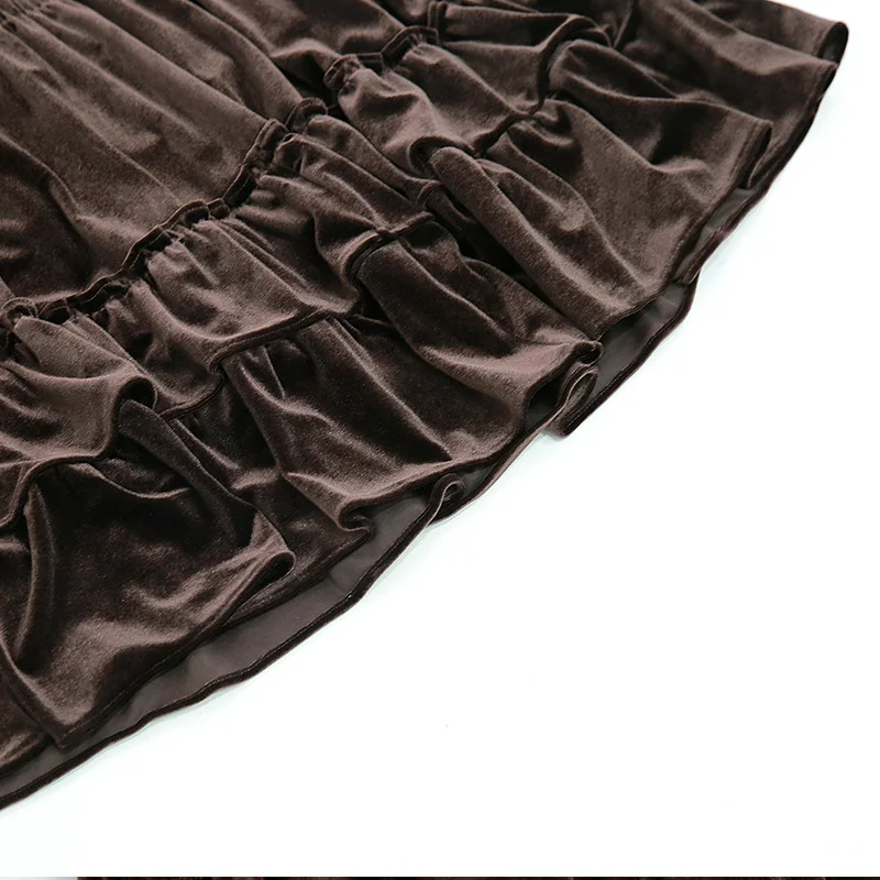 

Autumn Winter New Velvet Tiered Long Skirts A-line Drape Pleuche Metallic Cakee Calf Long Skirts Gray Coffee