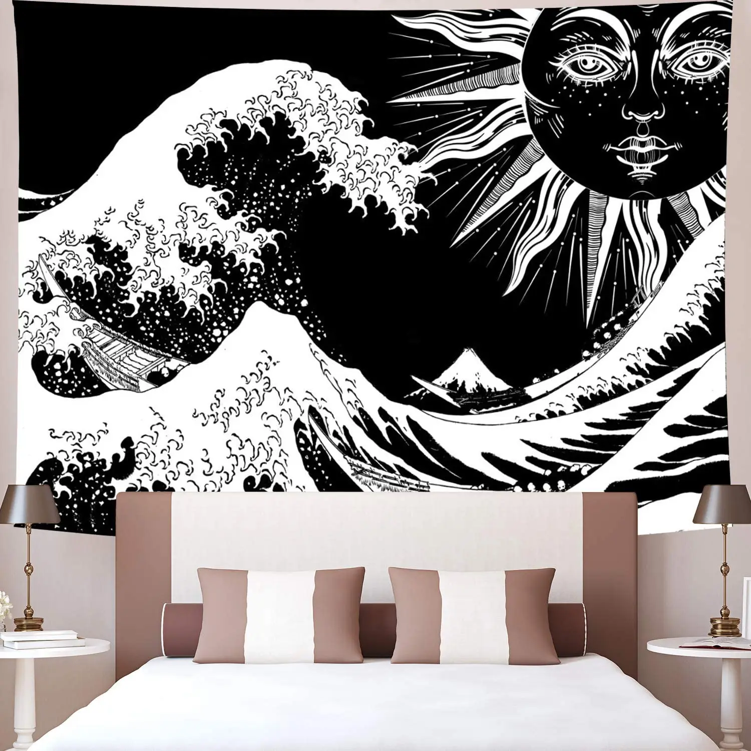 

Psychedelic Sun Wave Tapestry Bohemian Great Wave Wall Hanging Black White Indian Hippie Blanket For Living Bedroom Dorm