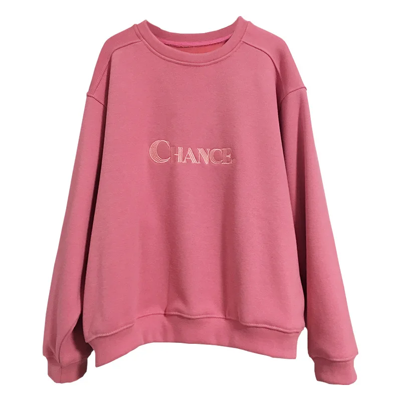 

Pink Embroidery Letter Solid Cotton Sweatshirts BF Oversized Women Pullovers 2021 Autumn New Korean Fashion Casual Long Sleeve