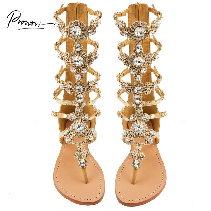 

Prowow New Fashion Gold Silver Women Summer Sandals Flat Shoes Crystal PU Leather Back Zip Women Flat Sandals Party Shoes Woman