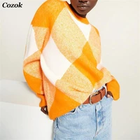 za 2021 new autumn women round neck orange argyle jacquard knitted sweater oversized long sleeve casual clothing lady pullovers