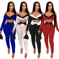 adogirl 2 piece set women sexy v neck long sleeve crop top and pants matching set fashion club outfits female tracksuit plus siz