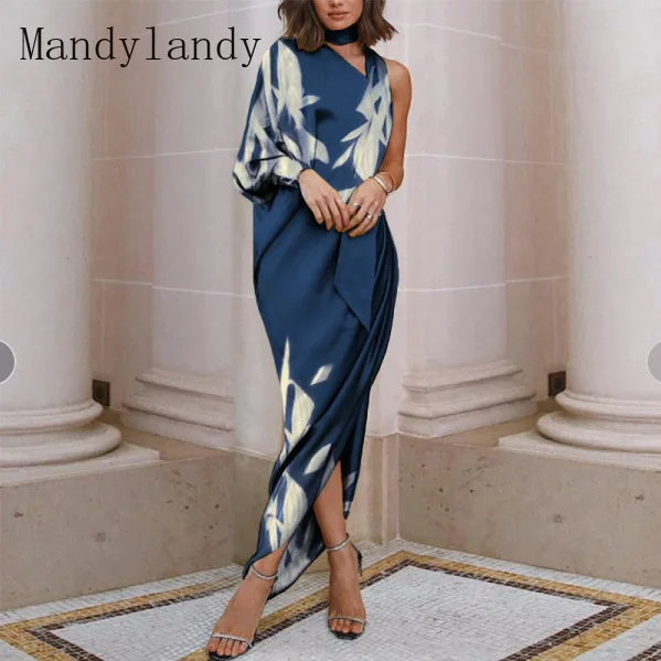 

Mandylandy Dress Summer Fashion Lantern Sleeve V-neck Irregular Dress Women's Casual Printed Loose Slit Dress