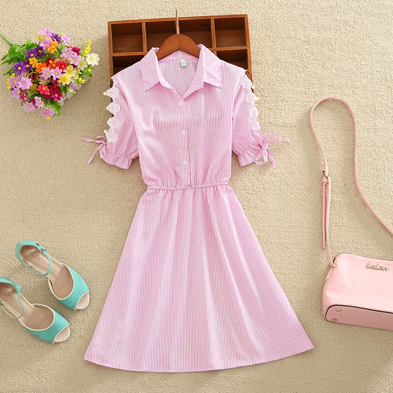 

Elegant Office Summer Dress Shirt Elegant Blue Stripped Cotton Turn Down Collar Wear to Work Shirts Women Dresses