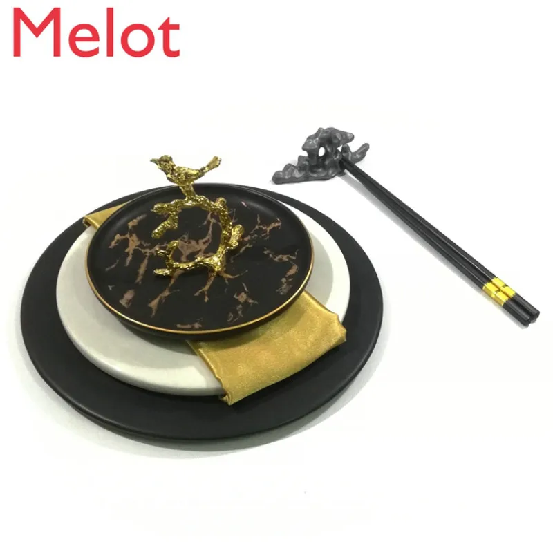 

New Chinese Tableware Modern Model Between The Black Gold Plate Round Marble Combination Set Pad Light Luxury Plate Minority