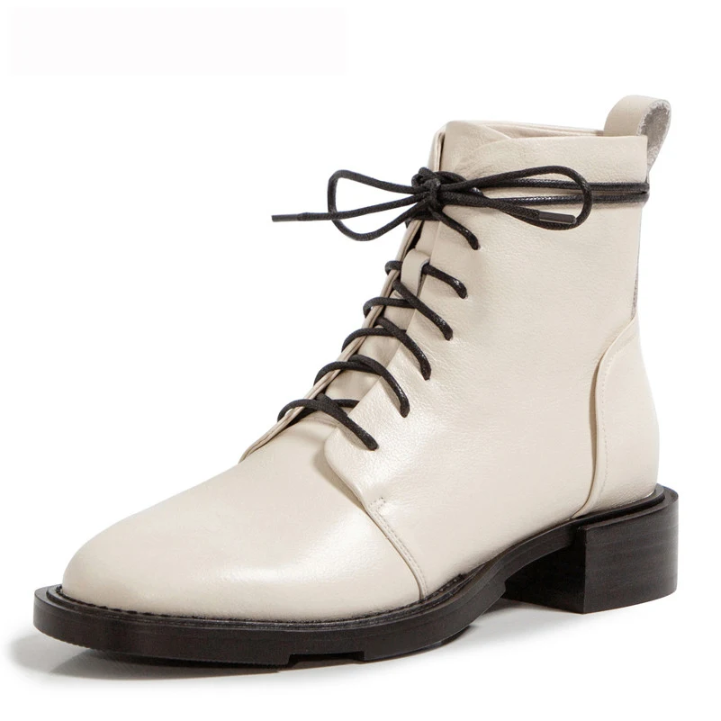 

ANNYMOLI Woman Boots Natural Genuine Leather Med Heel Ankle Boots Lace Up Thick Heel Short Boots Round Toe Ladies Shoes Autumn
