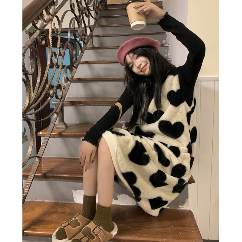 Женское платье на бретелях в Корейском стиле флисовое без рукавов Харадзюку с