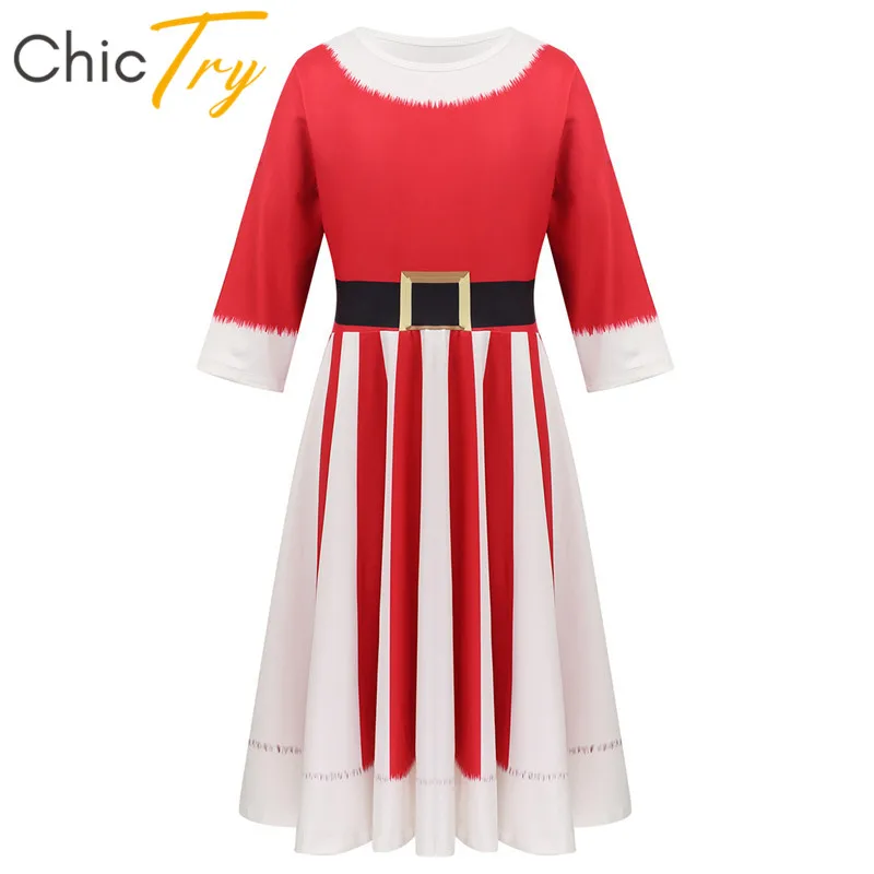 

ChicTry Kids Polyester 3/4 Sleeves Pull-on Digital Printed Striped Dress Roleplay Party Xmas Clothes Girls Christmas Costume