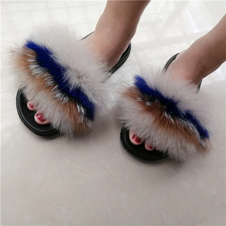 as pic shows 39 Women Fox Fur Slippers Real Fox Fur Slides Lovely Plush Slippers Woman Summer Home Sandals Women Fur Slides Furry Flip Flops Hot - Цвет: as pic shows 39
