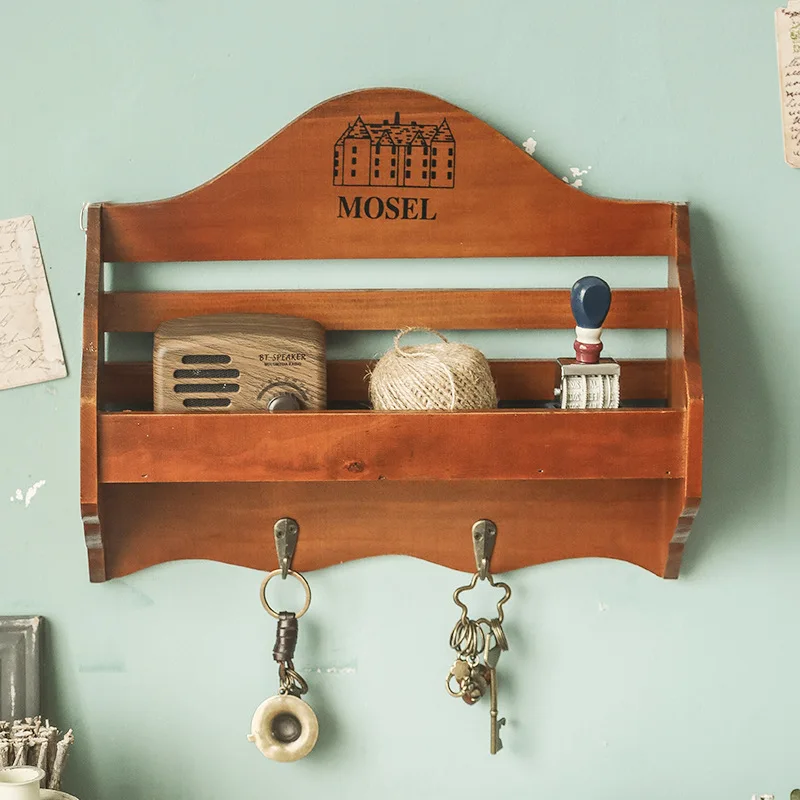 

Vintage Rustic Wall Mounted Key Holder Rack Mail Letters Organizer Storage Shelf with 2 Hooks for Home Farmhouse Decor