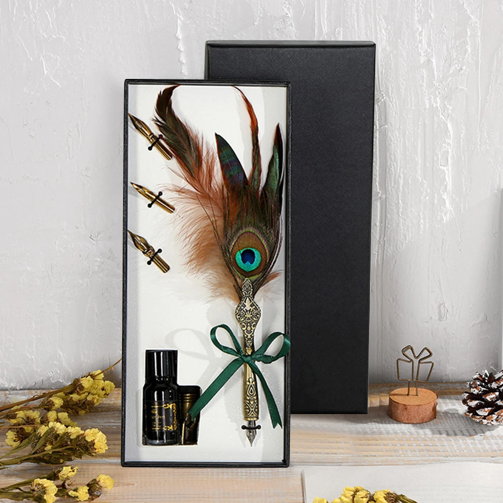 

Portable Vintage Quill Dip Goose Antique Feather Pen Fountain Pen Stem Calligraphy Stationery Writing Ink Gift Box Supplies Tool