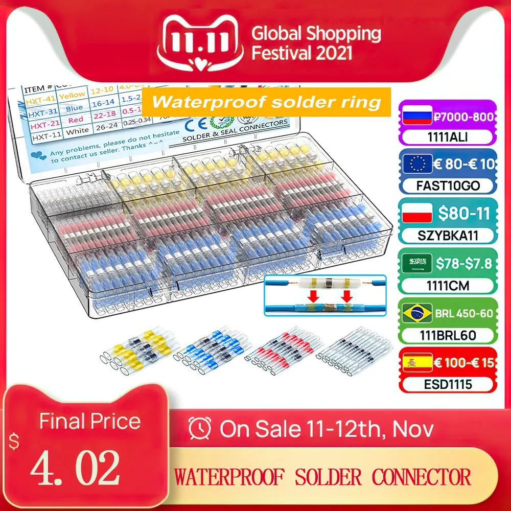 

800/500/50pcs Solder Seal Wire Connectors Electrical Wire Terminal Insulated Butt Splices Waterproof Heat Shrink Butt Connectors