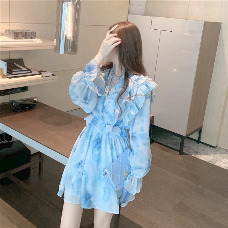 

2021 Spring Summer Tie-Dyed Tie-Shoulder Floral Ladies Mini Dress Women New Cinched Slimming French Fashion Above Knee Dress