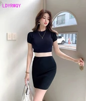 ldyrwqy womens new color matching dress slim slimming elastic short sleeved knitted bag hip bottoming