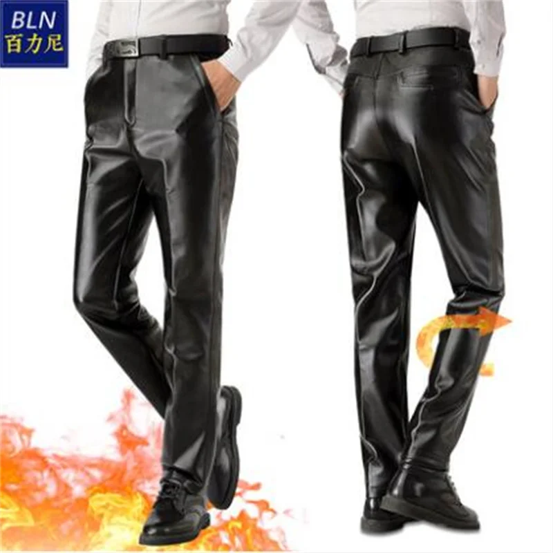 Leather pants men's plus velvet thicken middle-aged large size loose motorcycle windproof and waterproof high-waist PU trousers