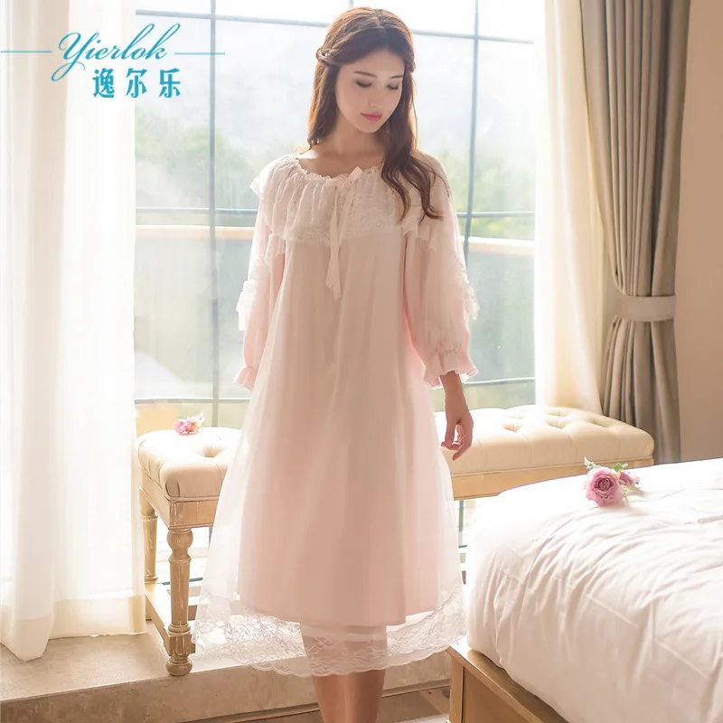 Autumn New Style Cotton Long Sleeve Nightdress Women's Retro Palace Sweet Princess Nightdress Lace Mesh Beautiful Home Clothes