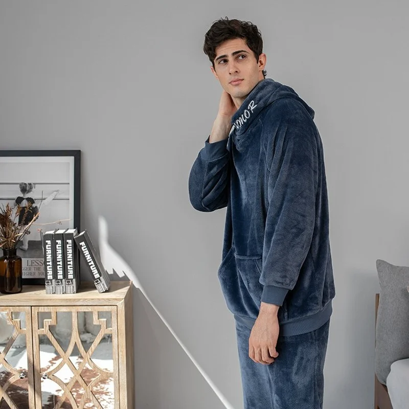 Mens Pajamas Flannel Pajamas Fall/winter Hooded Home Service Thickened Pajamas Plus Velvet Couple Pajamas Set