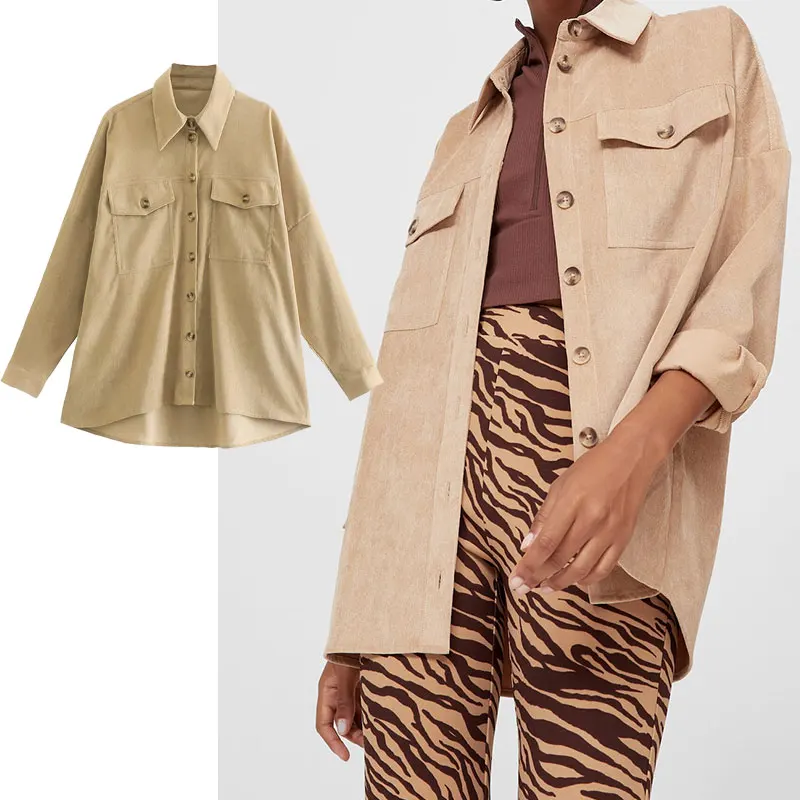 

Za Women Jacket 2021 Autumn Vintage Corduroy Shirts Jackets Women Coat Casual Long Sleeve Fashion Button-up Female Chic Tops