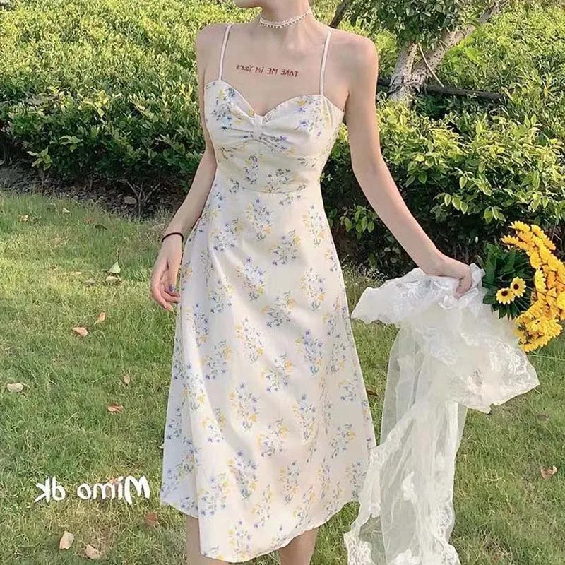 

2021 Japanese Mori Girl Floral Sling Dress One-Piece French Summer Print Women Retro Beach Sweet Dresses Korean Elegant Vestidos