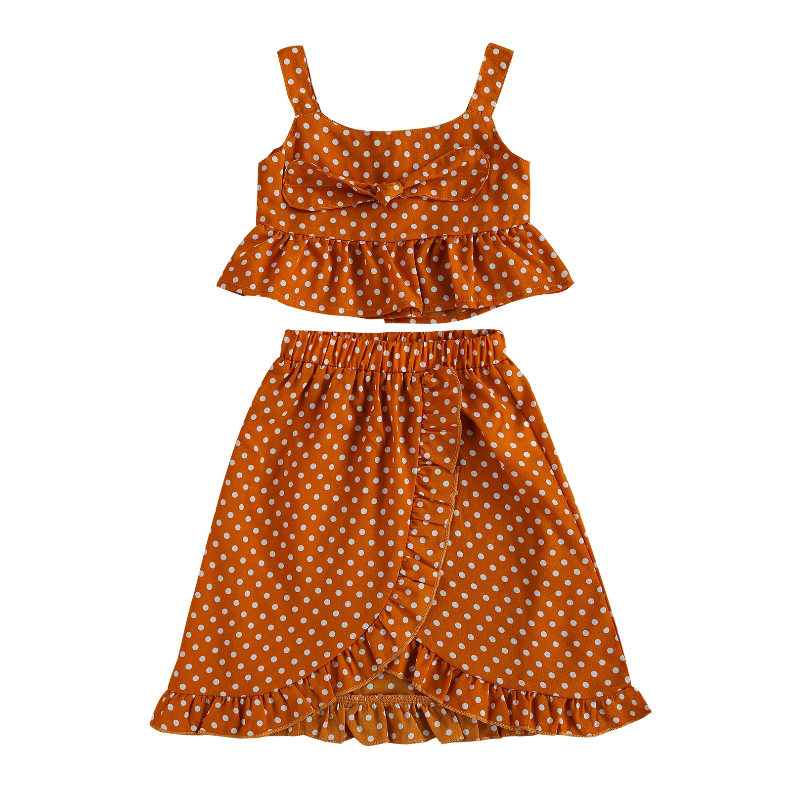 

Girl’s Summer Two Piece Set Fresh Polka Dot Ruffles Suspender Tops and Elastic A-line Mid-length Skirt