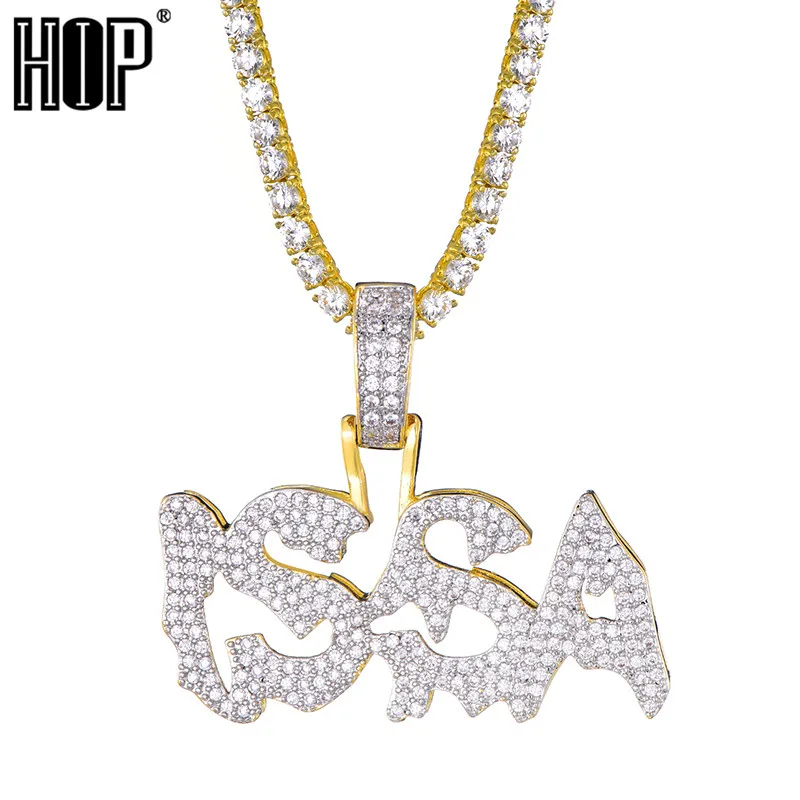 

Hip Hop Jewelry Gold Color Plated Iced Out Micro Paved Shiny CZ Stones Letters ISSA Combine Pendant Necklace For Men