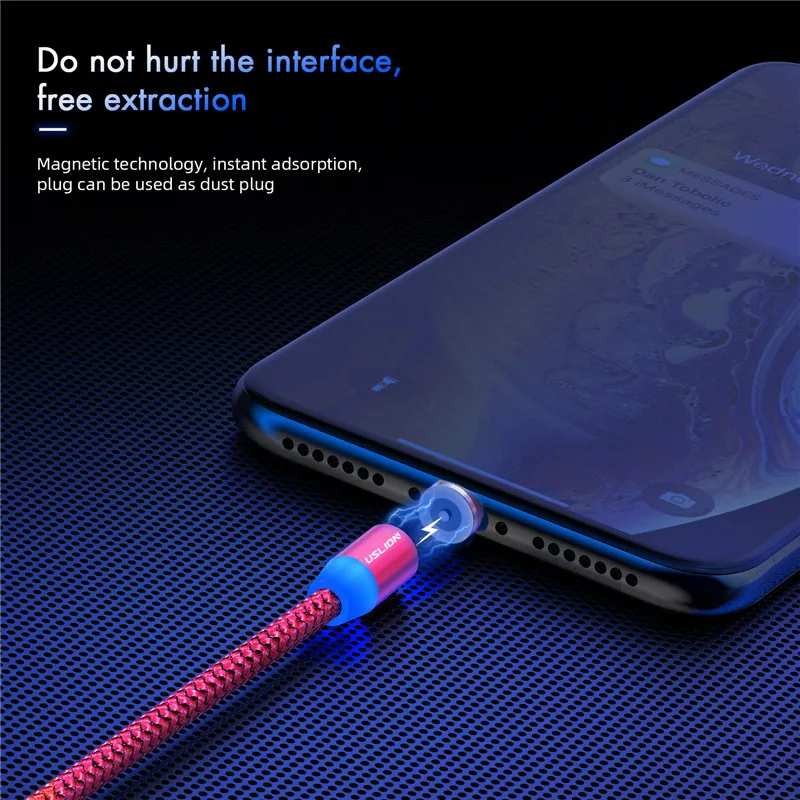 USLION Магнитный USB кабель Micro Type C для Samsung Galaxy S10 S10e iPhone XR Xs Max 8 7 6 1M 2M 2A магнитное