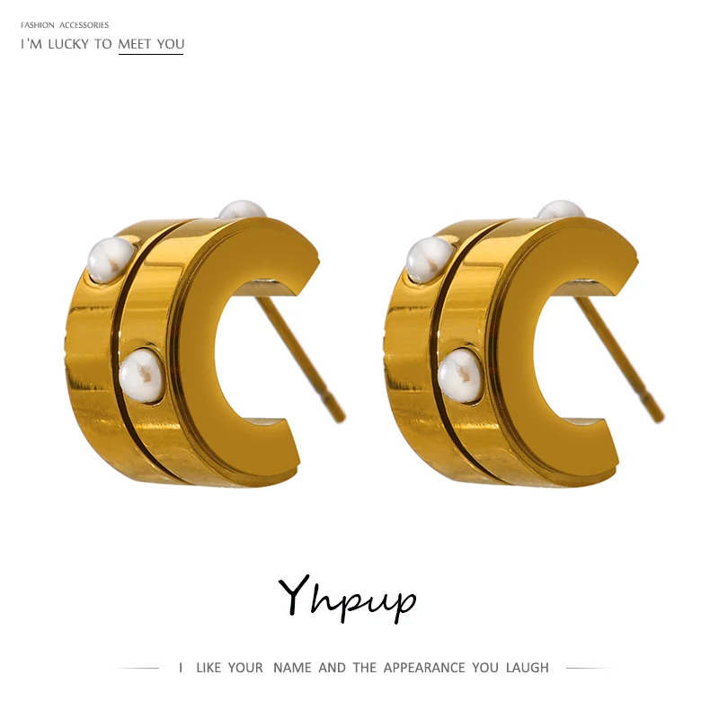 

Yhpup Elegant Imitation Pearls Stainless Steel Stud Earrings Minimalist Geometric Gold Color Metal 18 K Unusual Earrings брелок