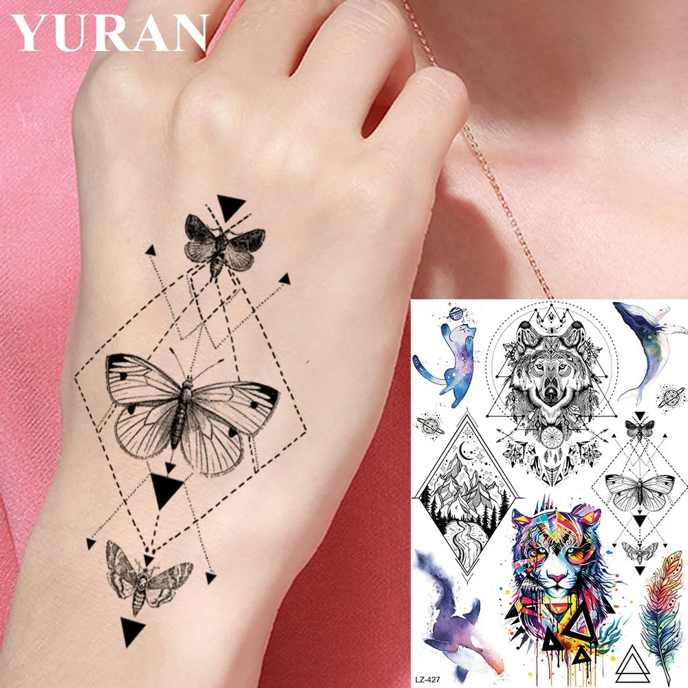 

Geometric Moth Butterfly Black Custom Wrist Fake Waterproof Tattoos Temporary Women Men Wolf Tattoo Stickers Body Art Fake Tatoo