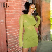 green bodycon mini dresses outfit female clothing long sleeve round neck pre fall autumn mesh see through luxury party clothes